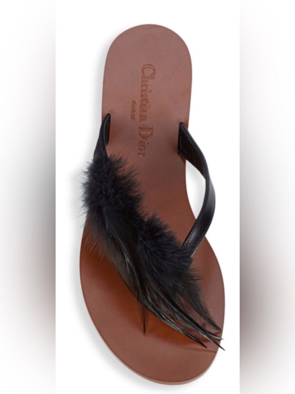Christian Dior Ethnie Black Feather Leather Thong Flat Slide Sandals Italy 37